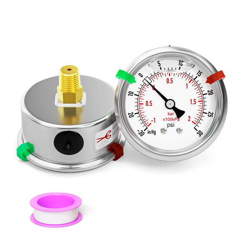 BOGERDACK glycerin-filled vacuum gauge, 2.5-inch dial, stainless steel body, 1/4" NPT, center-back mount.