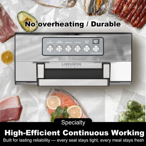 LIWUNON kitchen vacuum sealer in stainless steel with built-in cutter and bag storage