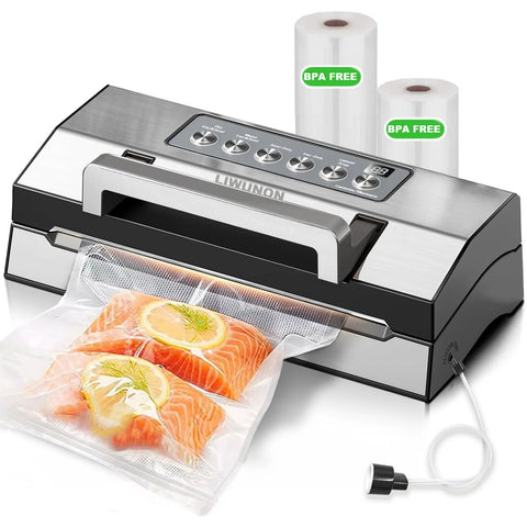LIWUNON vacuum sealer for kitchen with built-in cutter and bag storage; double heat seal and 2 bag rolls