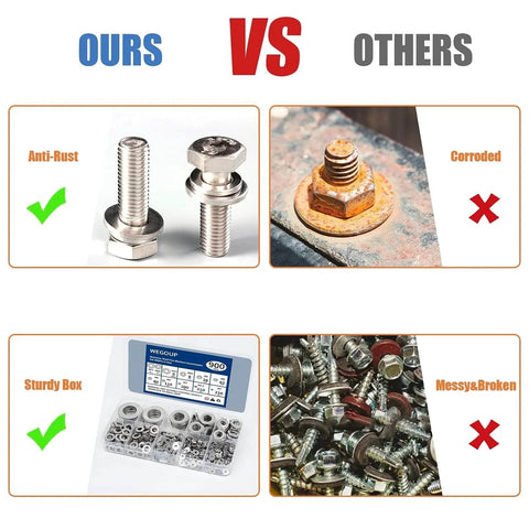 Comparison of anti-rust and corroded bolts, with 900 Pieces 304 Stainless Steel Flat Washers Assorted Sizes M2 To M12 For Screws Bolts Industrial Use