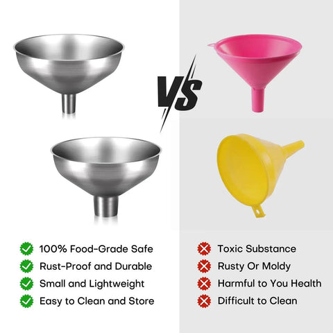 Comparison of stainless steel funnel set of 2 with narrow 0.5 inch mouth and wide 1 inch mouth against colored plastic funnels