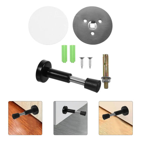Stainless Steel No Drill Door Stopper Wall Mount Silencer Draft Blocker Durable Rust Resistant Furniture Stopper for Home Office Commercial Use Easy Install Quiet Door Stopper with Modern Finish shown with installation parts and examples on wood and glass.