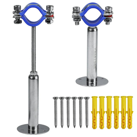 2-pack stainless steel pipe supports with blue clamps; for 25–27mm pipes, 100–200mm, includes screws & yellow anchors
