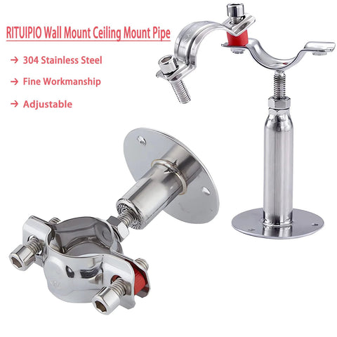 RITUIPIO 2-pack stainless steel wall and ceiling pipe supports with flange bases; adjustable 30–60 mm for 15–19 mm OD pipes