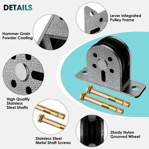 Detailed view of Cable Rope Bearing Pulley Wheel, showing nylon grooved wheel and stainless steel frame with screws.