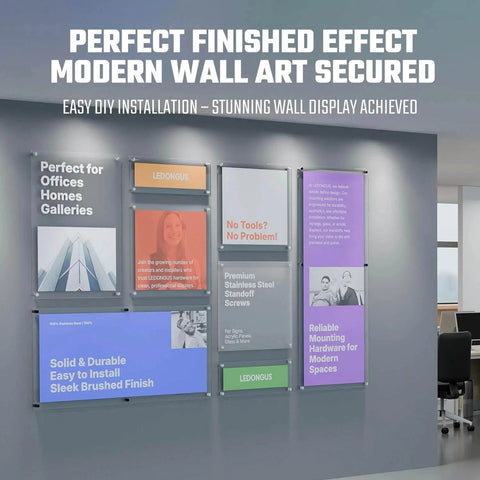 Office wall displaying mounted signs using 12 Pack Stainless Steel Standoff Screws With Wall Anchors And Rubber Pads For Sign Mounting