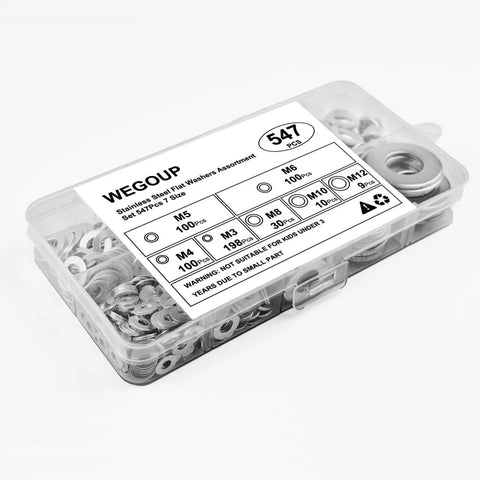 Stainless Steel Flat Washers Assortment, 18-8 (304) Stainless Steel Metric Washers, 547-Piece Set with Plastic Storage Case