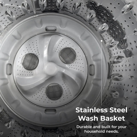 Efficient 4.4 cu ft top load washer with a triple-action agitator inside view featuring stainless steel wash basket.