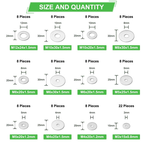 Size chart of 110 Pcs 304 Stainless Steel Metal Flat Washers for Screws and Bolts, showing 12 sizes from M3 to M12.