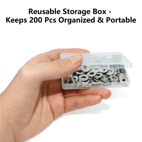 Hand holding 304 Stainless Steel Pop Rivet Backup Washers Kit with Storage Box for 5mm Rivets, showing organized and portable washers.