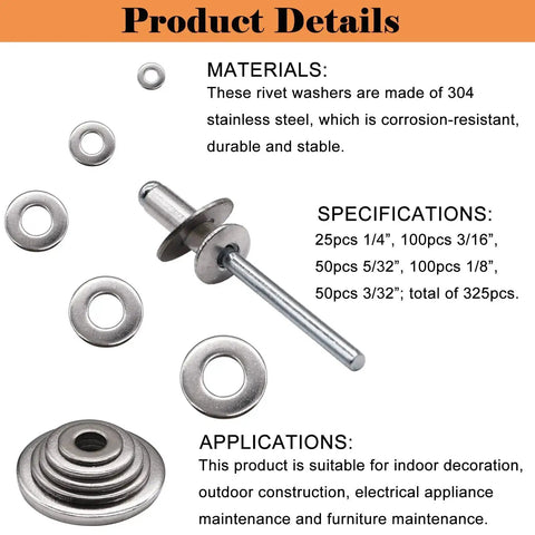 Stainless Steel Washer Set For Blind Rivets 325 Pcs Assortment 3/32 To 1/4 Inch with product details and specifications.