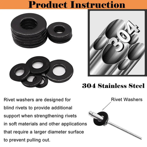 304 stainless steel washer set for blind rivets with backup washers 3/32 to 1/4 inch, includes diagram and product instructions.