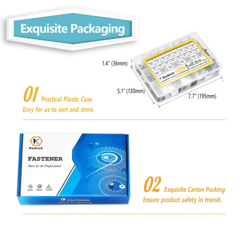 Packaging details for Metric Screw Assortment, 2000PCS Metric Bolt Assortment Kit featuring plastic and carton boxes