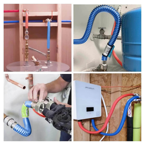 Installation of 48 Inch Flexible Stainless Steel Corrugated Water Heater Connector Three Quarter Inch FIP, color-coded for hot and cold.