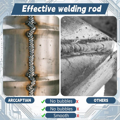 Comparison of ARCCAPTIAN welding rod with others, showing smooth, bubble-free welds; highlights effective rod usage.
