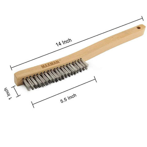 Wire Brush, Heavy Duty Stainless Steel Wire Brushes for Cleaning Rust with 14" Beech Handle, shown with dimensions.