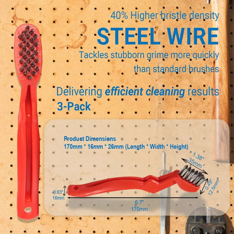 3-Pack 7" Stainless Steel Wire Brushes - 40% Denser Than Standard Brushes for Heavy-Duty Cleaning shown on pegboard