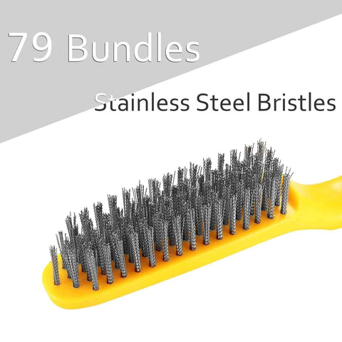 Stainless Steel Wire Brush 2 Pcs, 79 Bundles of bristles, 10.5" Plastic Contoured Handle, close-up of bristles