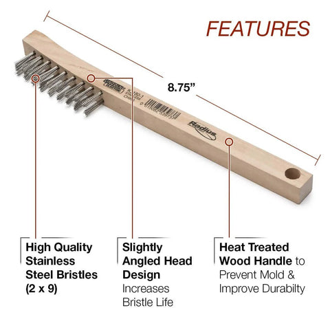 Stainless Steel Wire Brush - 2 x 9 Bristle Rows - 8.75" Length - Curved Handle - K3180-1 with angled head and wood handle