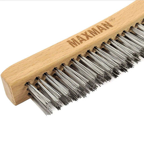Close-up of heavy duty stainless steel wire brush with 14-inch beech handle for rust, paint removal, welding, and grill cleaning