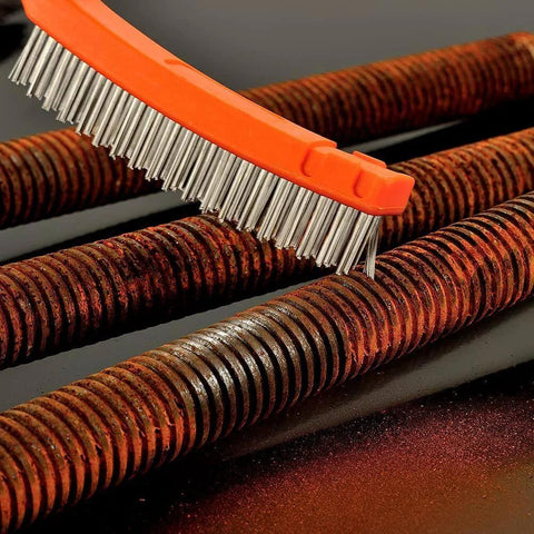 Stainless Steel Wire Brush and Carbon Steel Bristles Brush Set cleaning rusted rods with 14" orange plastic handle, 2 pcs
