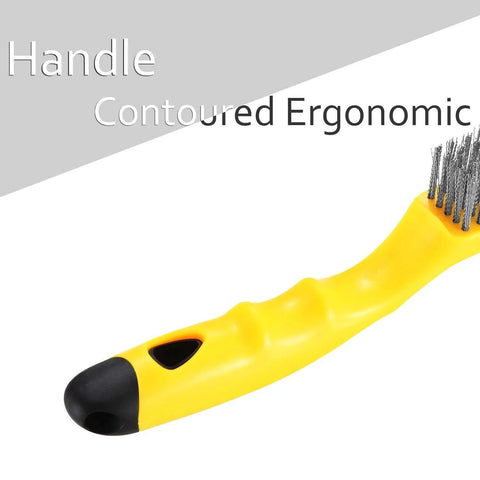 Stainless Steel Wire Brush 2 Pcs with Metal Scraper, 79 Bundles bristles, plastic contoured handle close-up