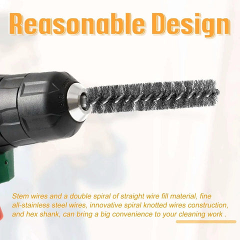 Bore Brush Bristles Wire Brush for Power Drill Cleaning Wire with Hex Shank Handle in action, showing stainless steel bristles