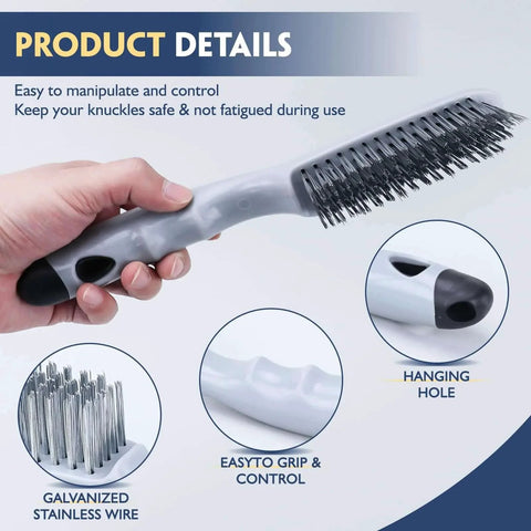 Hand holding stainless steel wire brush with strong handle showing product details; part of Stainless Steel Wire Brush Set 2Pcs.