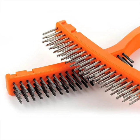 Close-up of Stainless Steel Wire Brush and Carbon Steel Bristles Brush Set, showing dual bristles and orange handle, 14-inch length