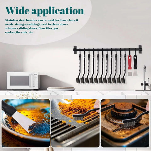 12 Pcs Mini Stainless Steel Wire Brush Set with Curved Handle displayed in kitchen for cleaning rust and weld slag