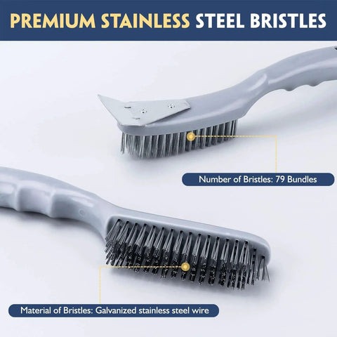 Stainless Steel Wire Brush Set 2Pcs with metal scraper and ergonomic handles for cleaning welding slag, rust, dust, and paint.