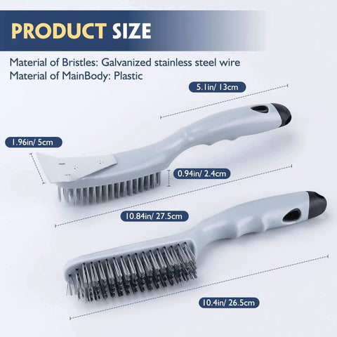 Product size chart for Stainless Steel Wire Brush Set 2Pcs, Heavy Duty Wire Brushes with Strong Handle & Metal Scraper