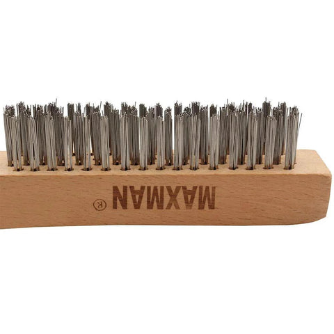 Wire Brush, Heavy Duty Stainless Steel Wire Brushes for Cleaning Rust, close-up of bristles on beech handle, 10-inch, MAXMAN branding.
