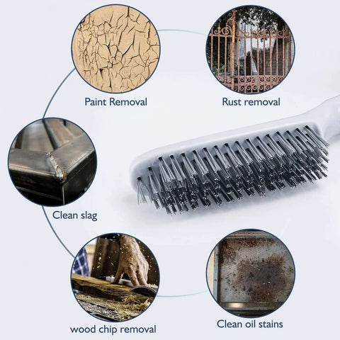 Stainless Steel Wire Brush Set 2Pcs with Strong Handle & Metal Scraper demonstrating cleaning tasks like rust, paint, and slag removal.