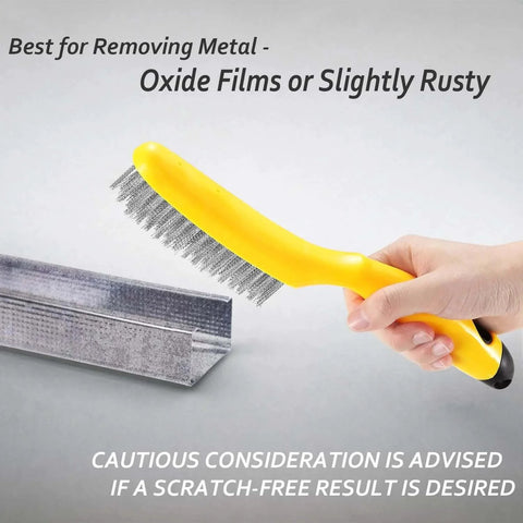 Hand holding Stainless Steel Wire Brush 2 Pcs, 79 Bundles of bristles, 10.5" Plastic Contoured Handle for metal cleaning