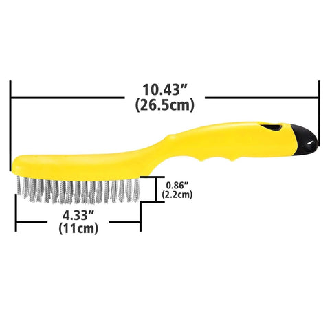 Stainless Steel Wire Brush 2 Pcs, 79 Bundles of bristles, 10.5" plastic contoured handle, dimensions highlighted
