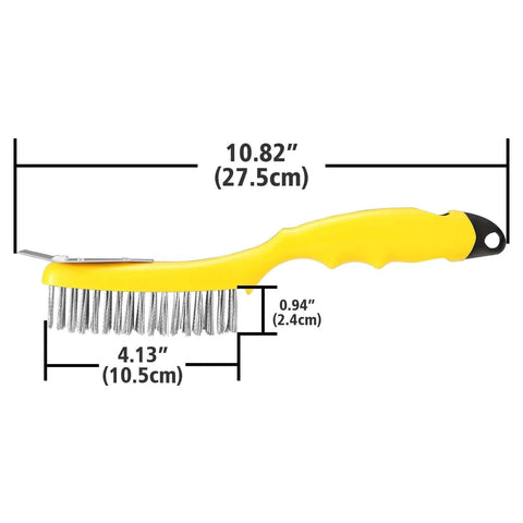 Stainless Steel Wire Brush 2 Pcs with Metal Scraper, 79 Bundles bristles, Plastic Contoured Handle, side view with dimensions.