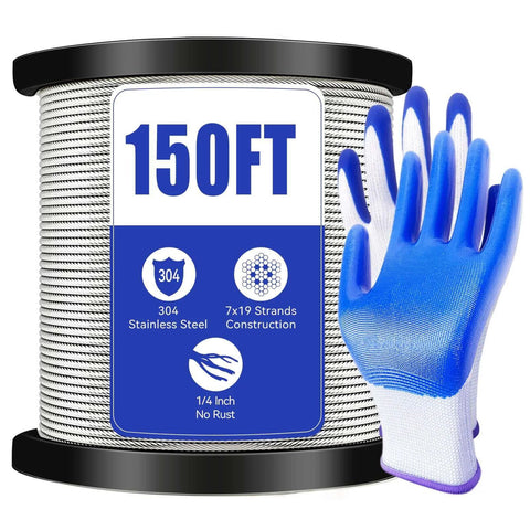 1/4" Stainless Steel Cable,7x19 Strand Aircraft Wire Rope,Cable for Heavy Duty Applications,Outdoor Pulley Cables,Deck Railing with Gloves,Breaking Strength 6400 Ibs,150FT spool with gloves
