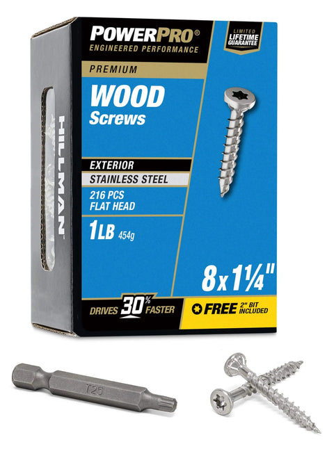 Box of #8 x 1-1/4 Stainless Steel Wood Screws, Premium Marine Grade 305, T20 Star Drive Bit, screws displayed nearby
