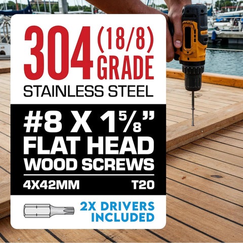 #8 x 1-5/8 Inch Stainless Steel Wood Screws, 304 Grade Flat Head T20 Star Drive Exterior Screws shown in wood decking project