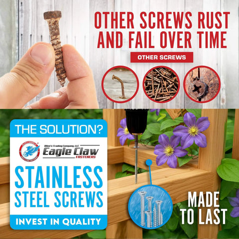 Comparison of steel screws showing corrosion vs 304 stainless steel deck screws for longevity and quality by Eagle Claw Fasteners.