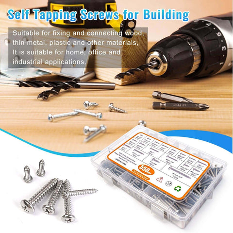 550 Pcs 304 Stainless Steel Wood Screws Assortment with #4 #6 #8 #10 #12 Phillips Pan Head Self Tapping Screws in 18 Sizes from 1/4 to 1-1/2 Inch for Metal Wood Drywall and Concrete and tools.