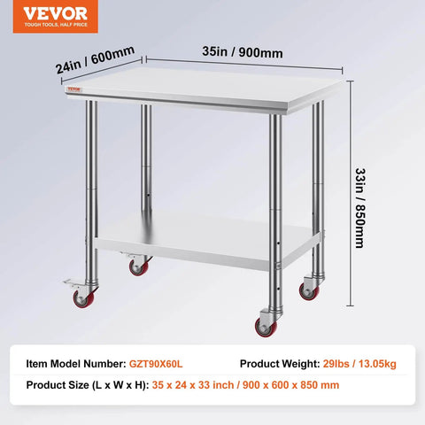 Heavy Duty Stainless Steel Work Table With Four Rolling Casters 36 By 24 Inches Commercial Kitchen Food Prep Station For Restaurant Use Easy To Clean Durable Silver.