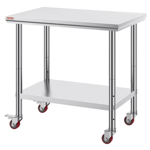 Heavy Duty Stainless Steel Work Table With Four Rolling Casters 36 By 24 Inches Commercial Kitchen Food Prep Station For Restaurant Use Easy To Clean Durable Silver
