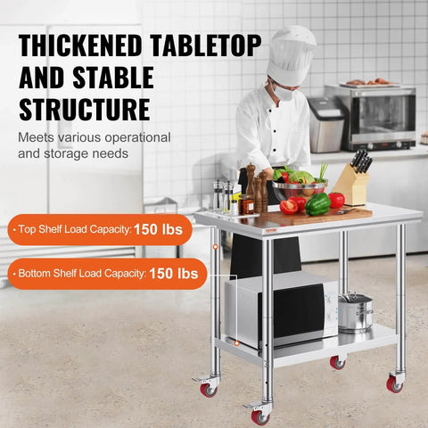 Chef using Heavy Duty Stainless Steel Work Table With Four Rolling Casters 36 By 24 Inches Commercial Kitchen Food Prep Station