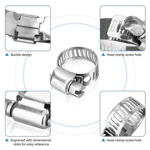 12 Pack 304 Stainless Steel SAE 24 Worm Gear Hose Clamps Adjustable From 1 And 1 Sixteenth Inch To 2 Inches Ideal For Automotive Marine Plumbing And Industrial Applications Corrosion Resistant Band Clamp Set featuring close-up of buckle design, hose clamp screw hole, and engraved dimensional data.