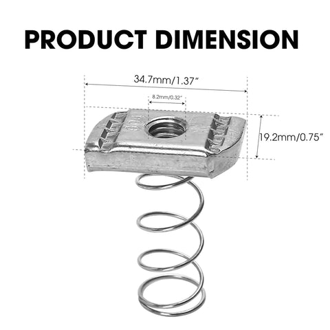 Stainless steel 3/8-16 standard strut channel nuts with a thickened spring, product dimensions shown