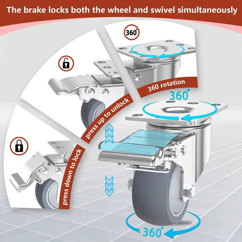 2 Inch Heavy Duty Stainless Steel Caster Wheels With Brake Swivel Set Of 4, 1000 Lbs Total Load, showing brake mechanism