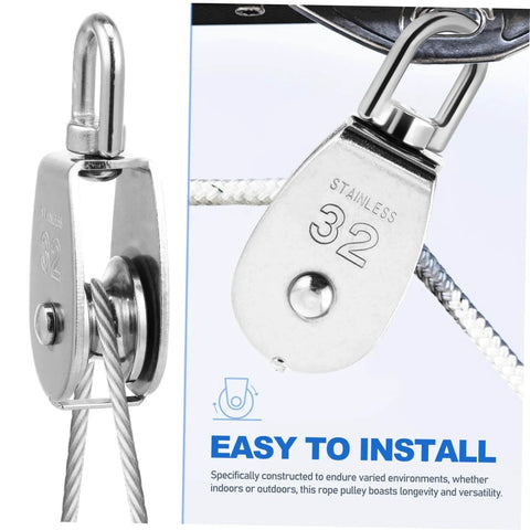 Close-up of a 3pcs Heavy Duty Stainless Pulley Swivel Lifting Wire Rope Crane for Construction DIY Projects showing stainless finish and installation