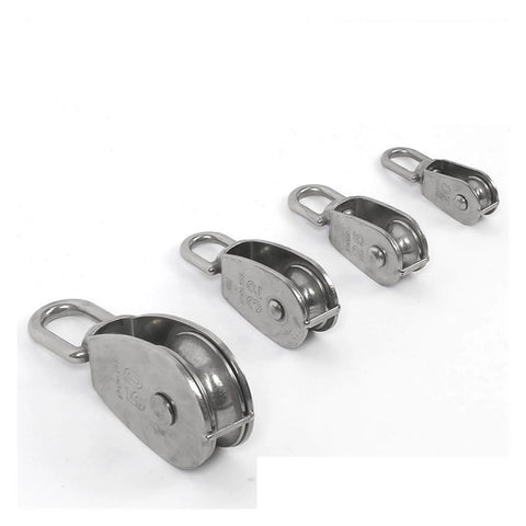 Stainless Steel Pulley M25 Single Wheel Swivel Lifting Rope Pulley Set, showing different sizes of the lifting wheel tools.